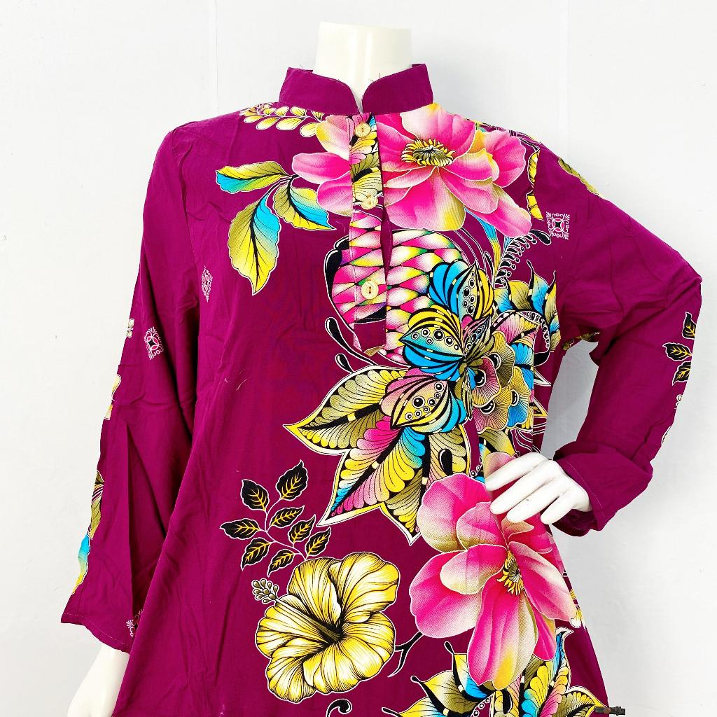 Daster LD 21 Kerah Shanghai LD 115 cm PB 128 cm Kencana Ungu Label Biru Lengan Panjang Semata Kaki