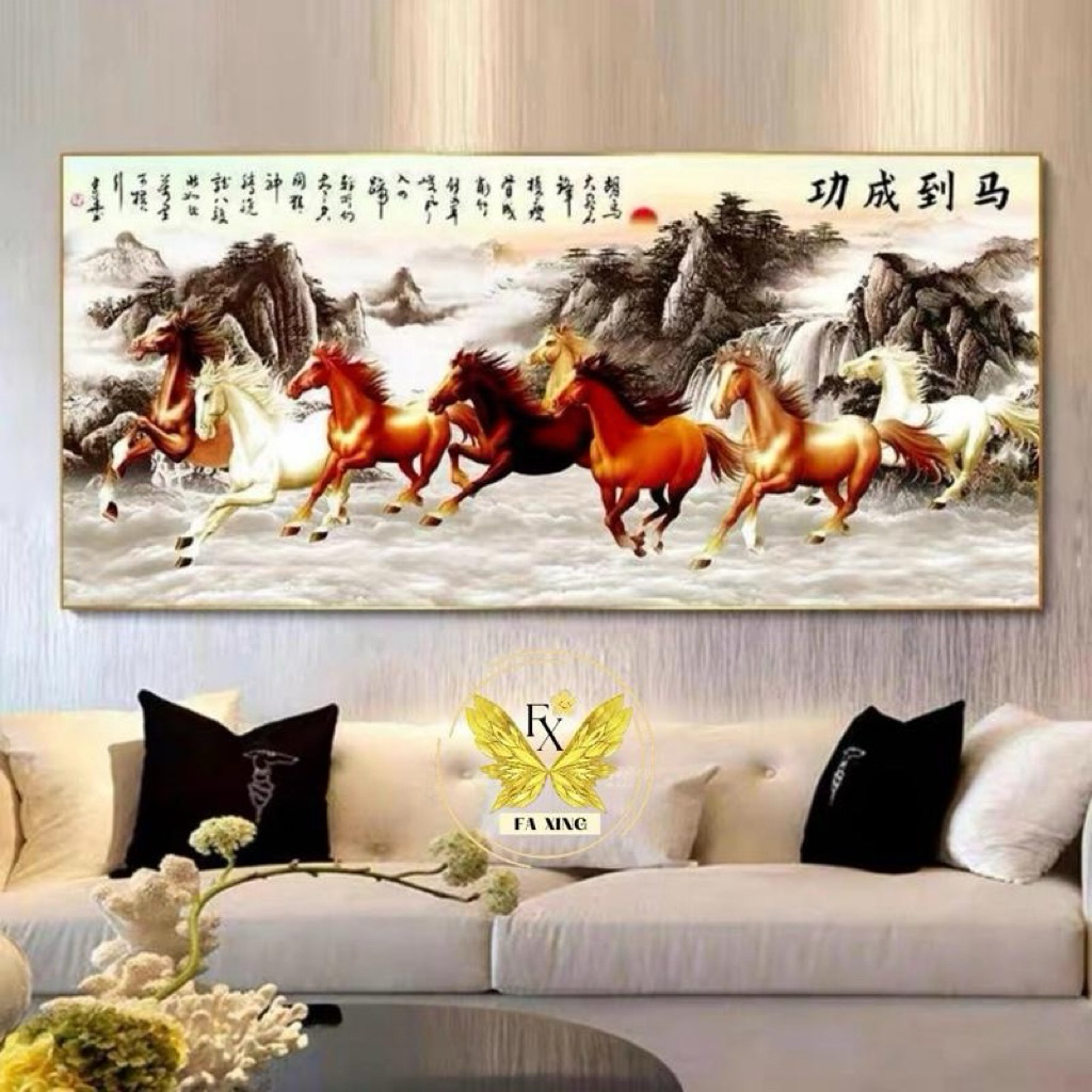 Lukisan Porcelain 5D Diamond Motif Kuda Fengshui Mewah Pajangan Dinding Porselen 5 Dimensi Kristal T