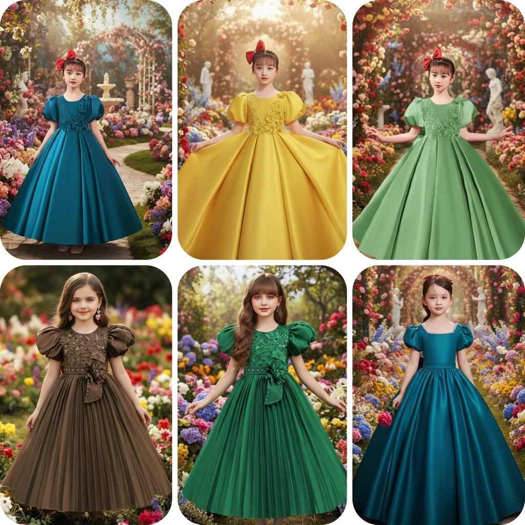 GAUN PESTA ANAK PREMIUM BAHAN SATIN BRIDAL 5-12 TH/ GAUN NATAL ANAK WARNA SAGE MEWAH