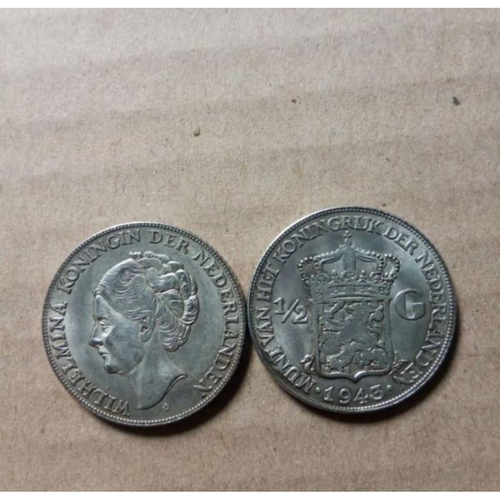 Koin Kuno Jaman Dulu Tahun 1943 Der Nederlanden Wilhelmina 1/2 Gulden