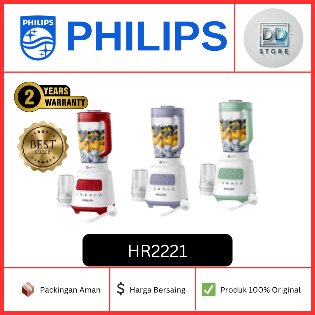 Philips Blender Plastik HR2221/00 HR 2221 HR2221 2 L ProBlend Crush 350W 5+2 Kecepatan Original Gara