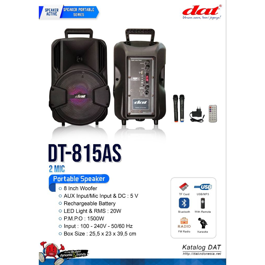 DAT Speaker 815AS – Bluetooth Portable Karaoke Speaker 8" – USB, SD Card, FM Radio, 2 Mic Wireless, 