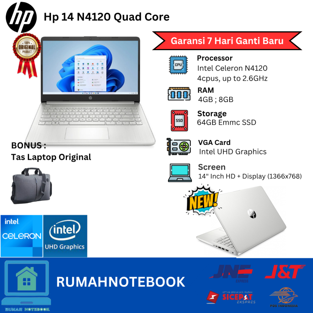 Laptop Baru Hp 14 Intel N4120 (4cpus) Quad Core