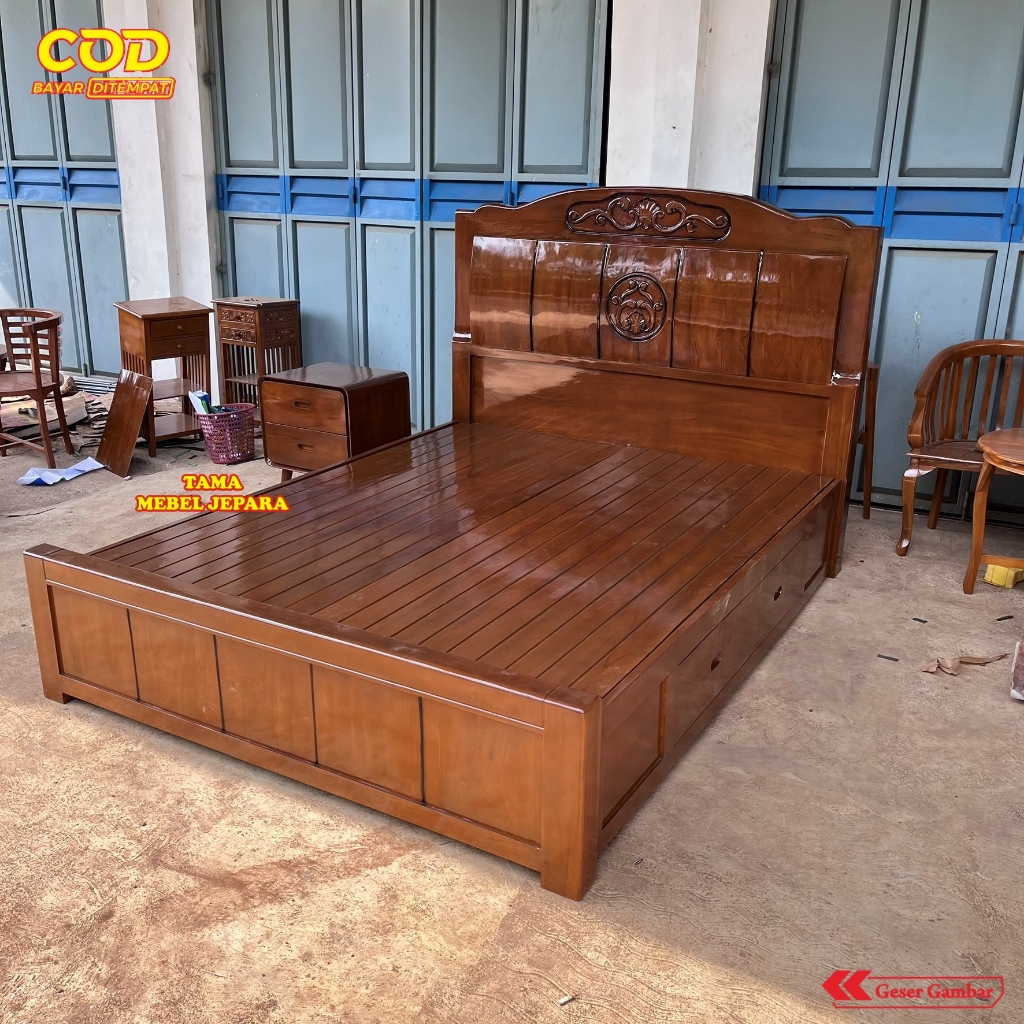 Tempat Tidur Kayu Jati Ukir Klasik 160x200 + Laci Bawah | Dipan Ranjang Jati Minimalis