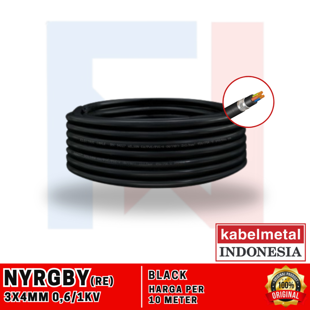KABEL NYRGBY (Cu/PVC/SWA/PVC) 3x4 mm 0,6/1kV Solid (RE) KABEL METAL - 10 Meter Kabel Tanam Armor Kab