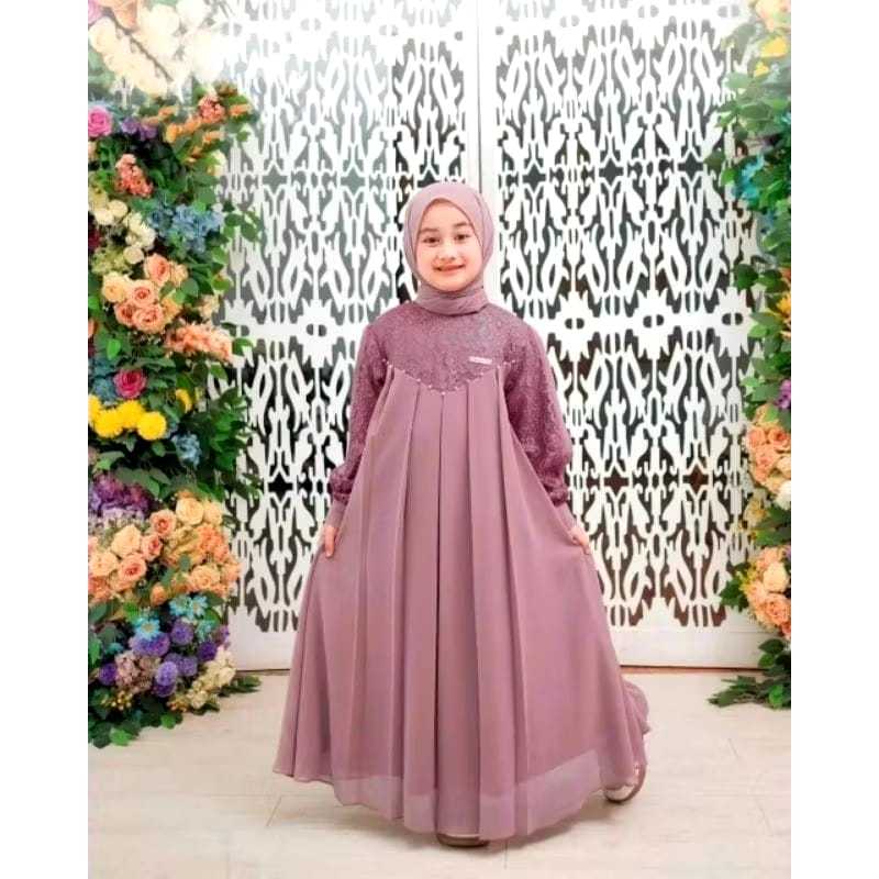 Inara Dress Gamis Anak Wanita Bahan Linen Mix Brukat Model Terbaru Baju Kondangan Pesta Mewah