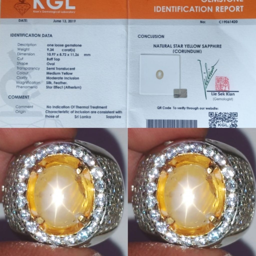 Hot Item Natural Star Yellow Sapphire 9.34 Crt No Heated Srilnka Sertificat KGL.lab