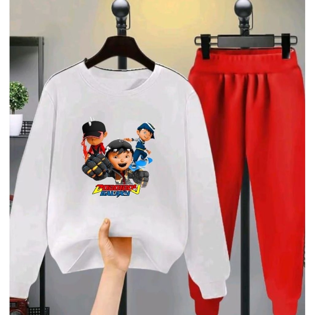 stelan kaos anak cowok tangan panjang gambar boboiboy galaxi tinju lucu 1set celana murah
