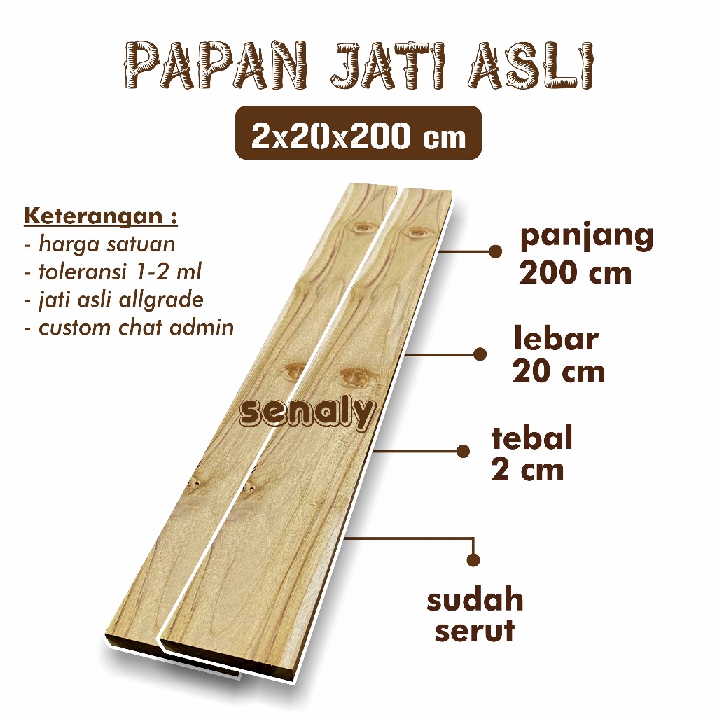 Papan 2x20x200 cm Kayu Jati Asli Allgrade Sudah Serut Rapi Bahan Kerajinan DIY Top Tabble Material K