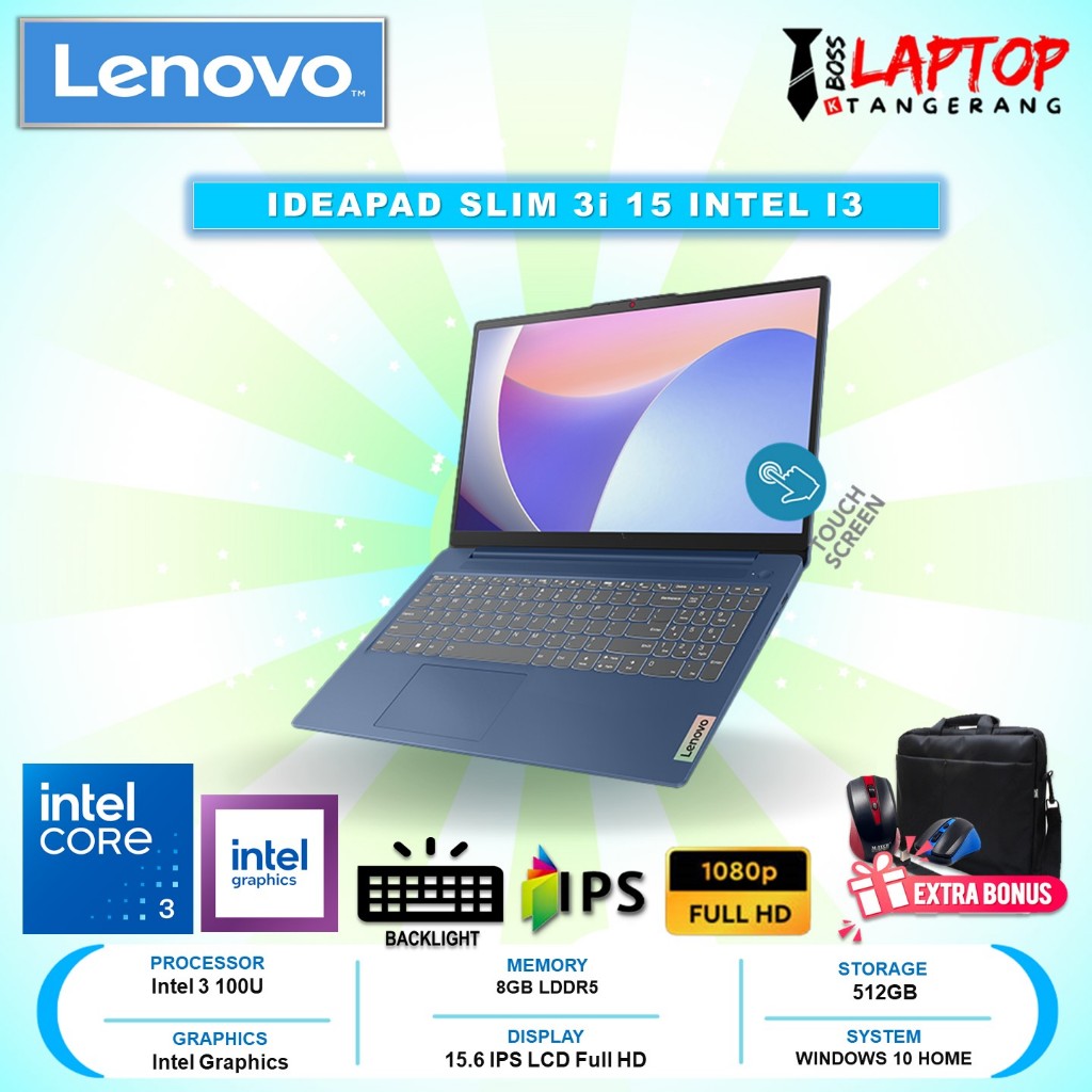 Laptop LENOVO IDEAPAD SLIM 3i 15 INTEL 3 100U 8GB DDR5 512GB 15.6 FHD IPS TOUCH BL FP Win10home