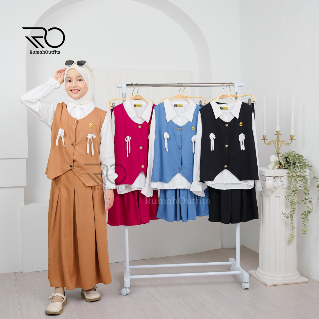 Setelan Baju Anak Perempuan Tanggung Premium / Setelan Anak 3 in 1 Set Rok / Vest Anak Perempuan / B