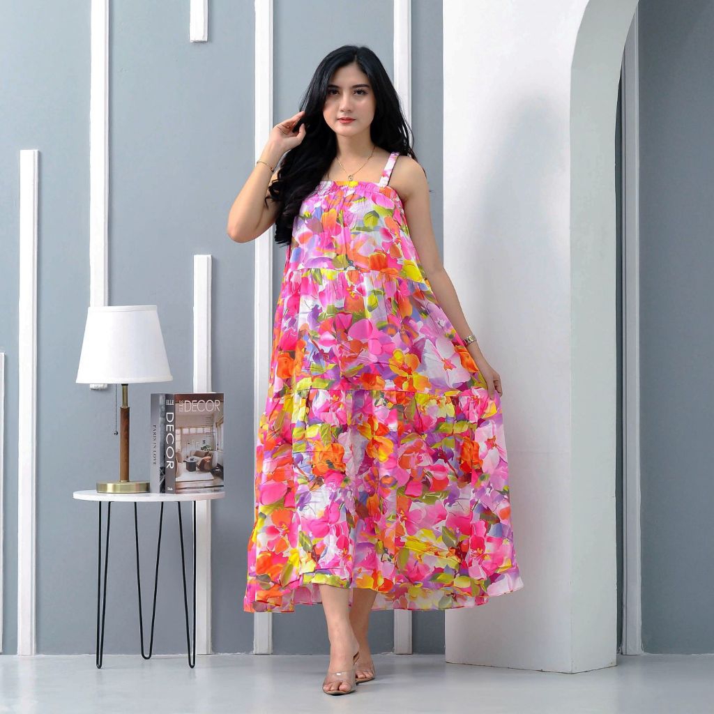 Pinkan Dress Tali Satu Busui Bumil Dress Pantai Motif Bunga Rayon Viscose