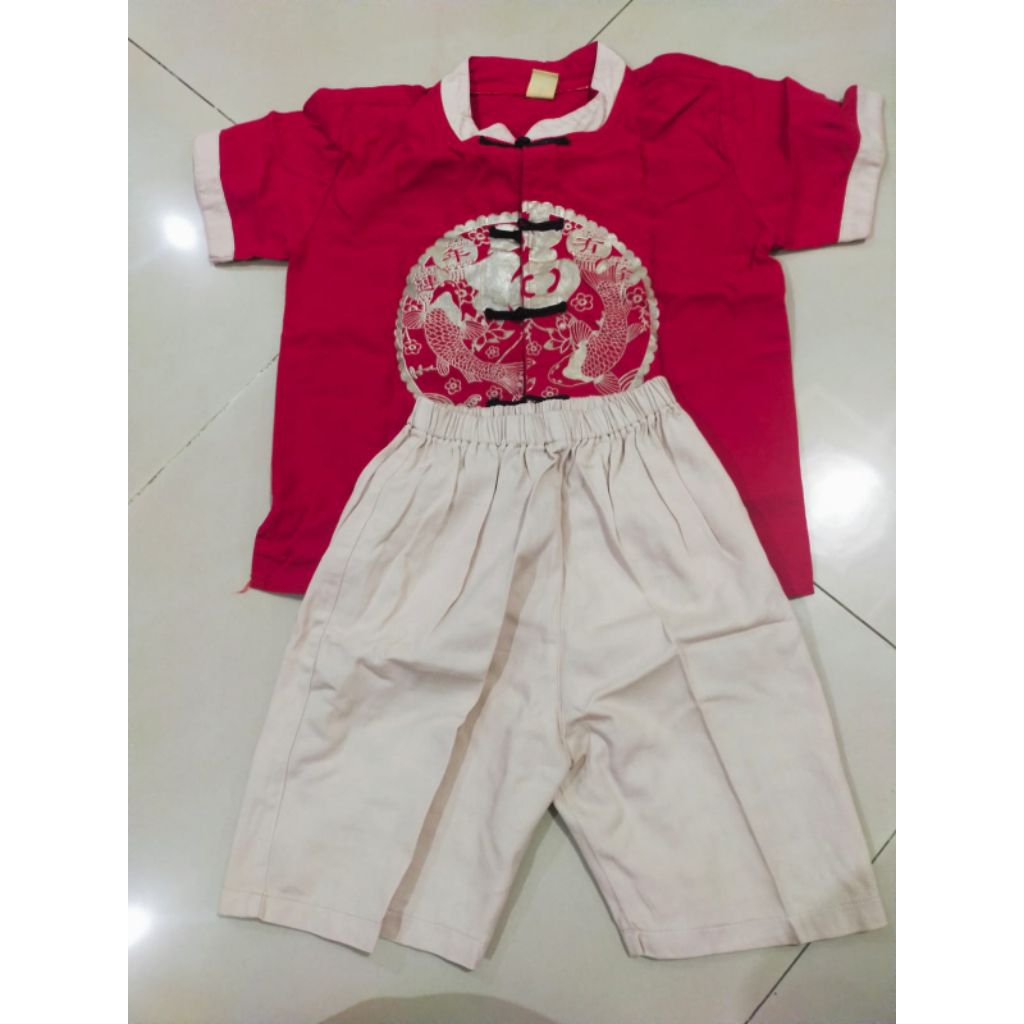baju cheongsam anak laki kemeja qibao red preloved