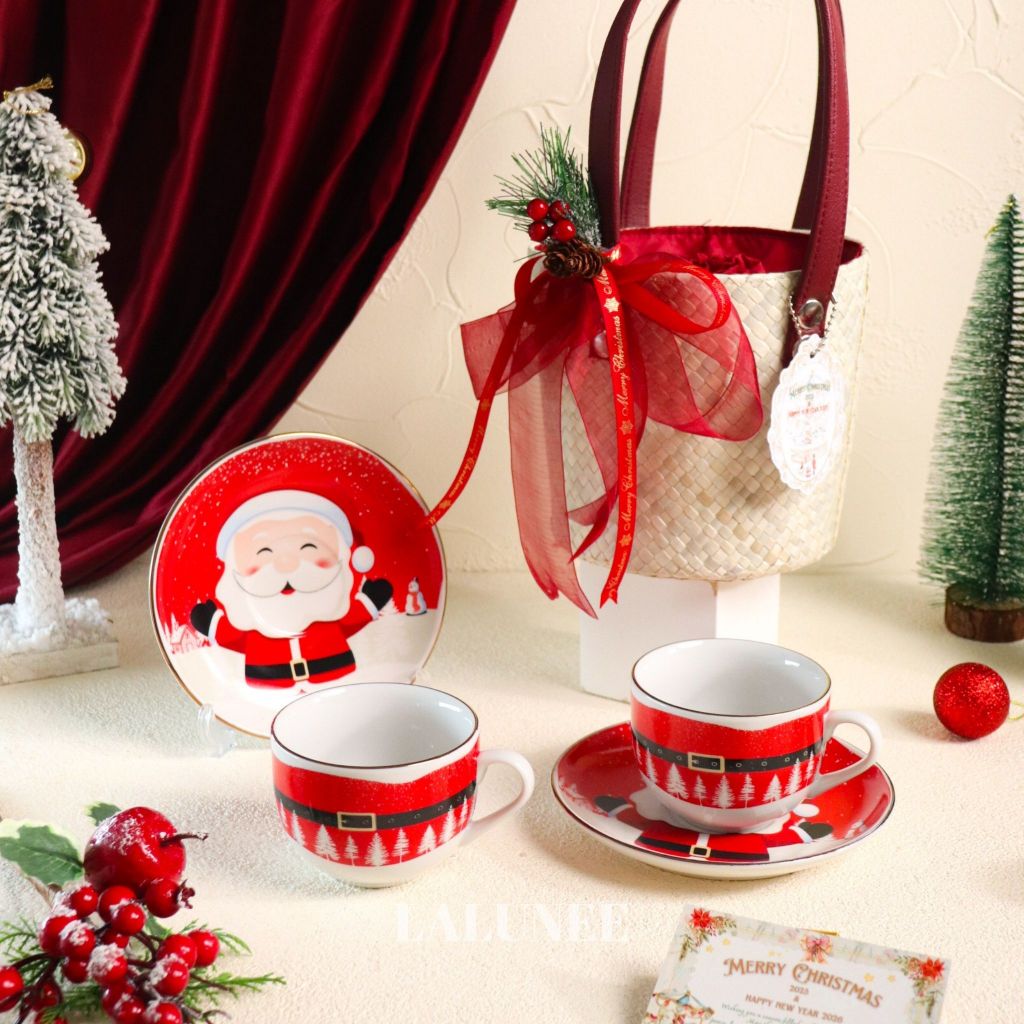 Parsel Tas Anyaman Natal Unik - Hampers Natal Isi Cangkir Set - Set Cangkir Piring Natal - Hampers K