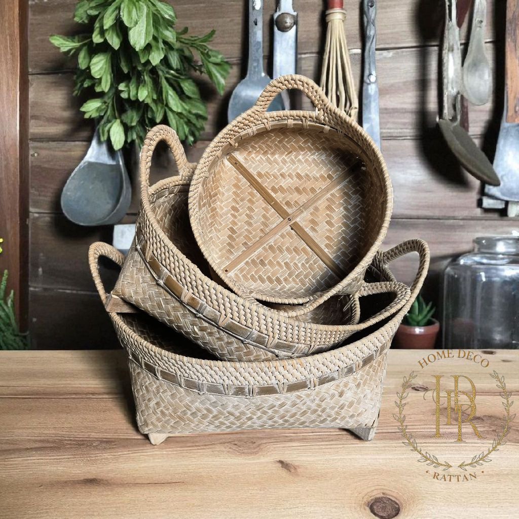 KERANJANG ROTAN BAMBU SET 3 Karya Pengrajin Lokal Profesional Full Finishing Anyaman Rotan dan Bambu