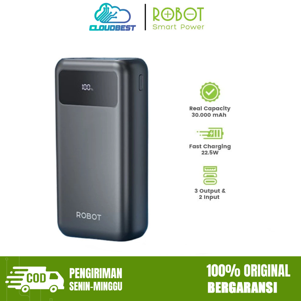 ROBOT Powerbank 30000 mAh Fast Charging 22.5W 3 Port USB Type C LED RT32 Original