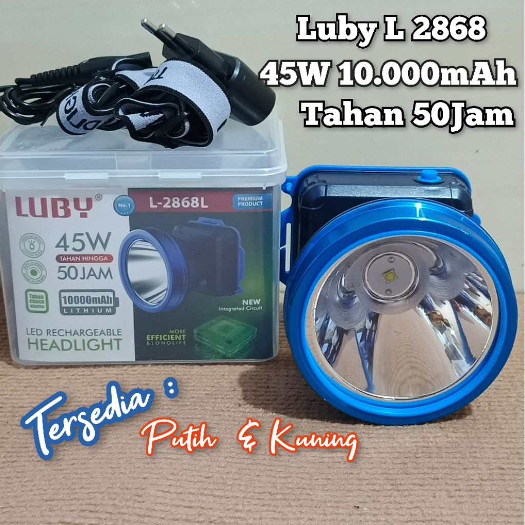 Senter kepala LED 45Wat Luby L2868 headlamp waterproof Luby Original Baterai