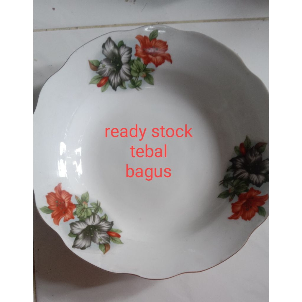 piring keramik antik tebal motif bunga kangkung