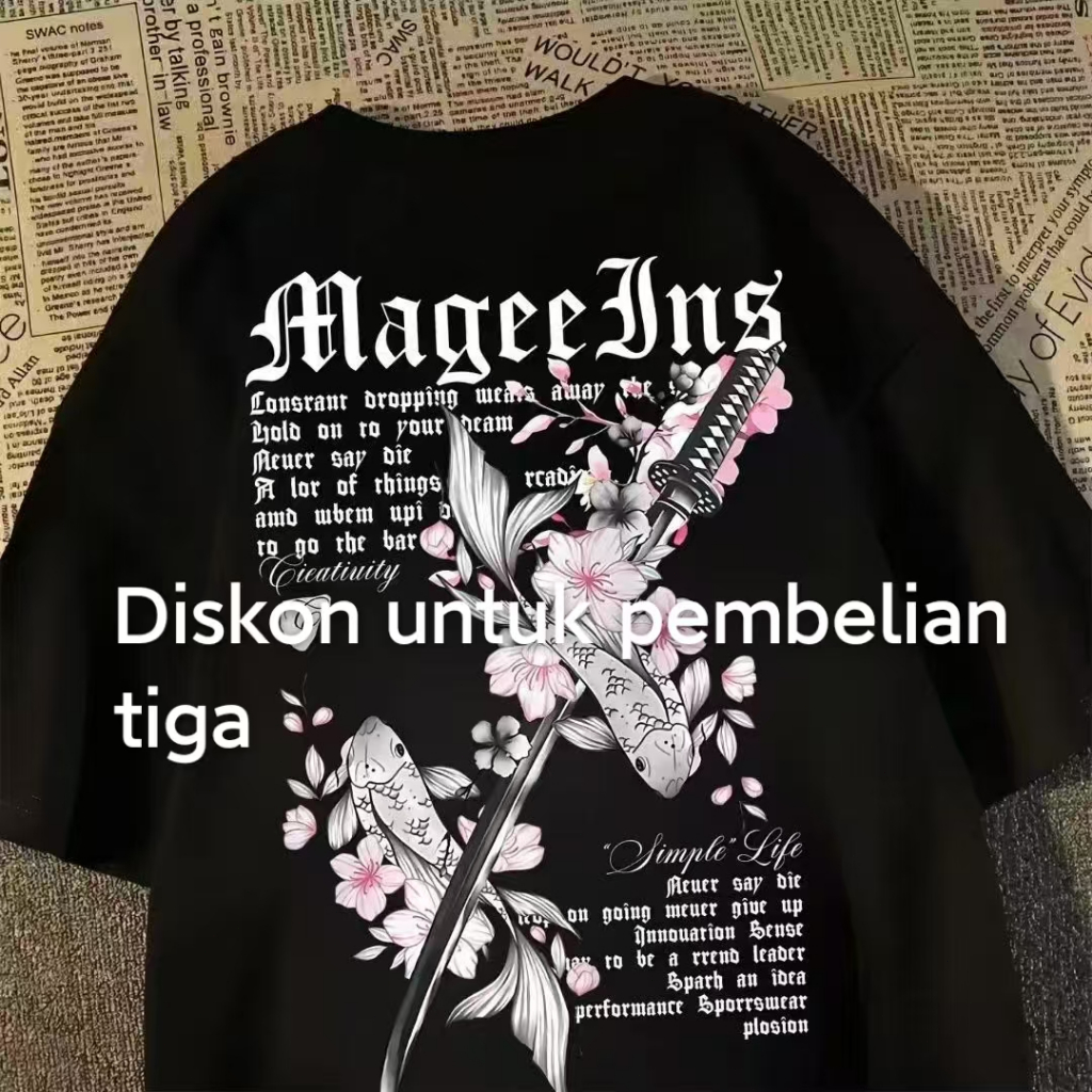 Kaos T-shirt Beige Pendek Lengan dengan Cetak Koi, Sakura, Pedang Samurai dan Huruf Gaya Ukiyo-e Jep