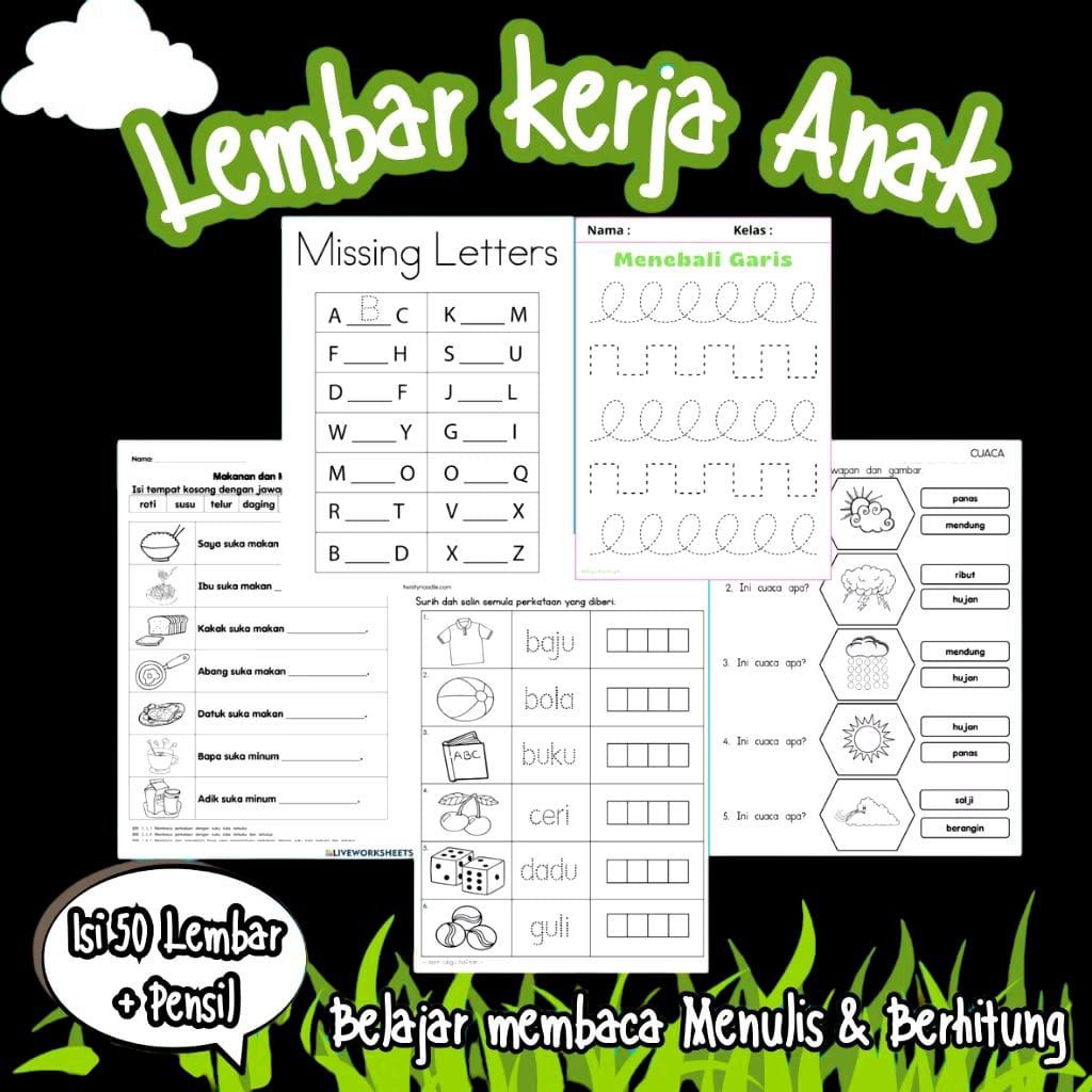 50 Lembar Kerja anak worksheet/Lembar kerja anak/anak TK Anak Sd/sudah dapat Bonus PENSIL 2B