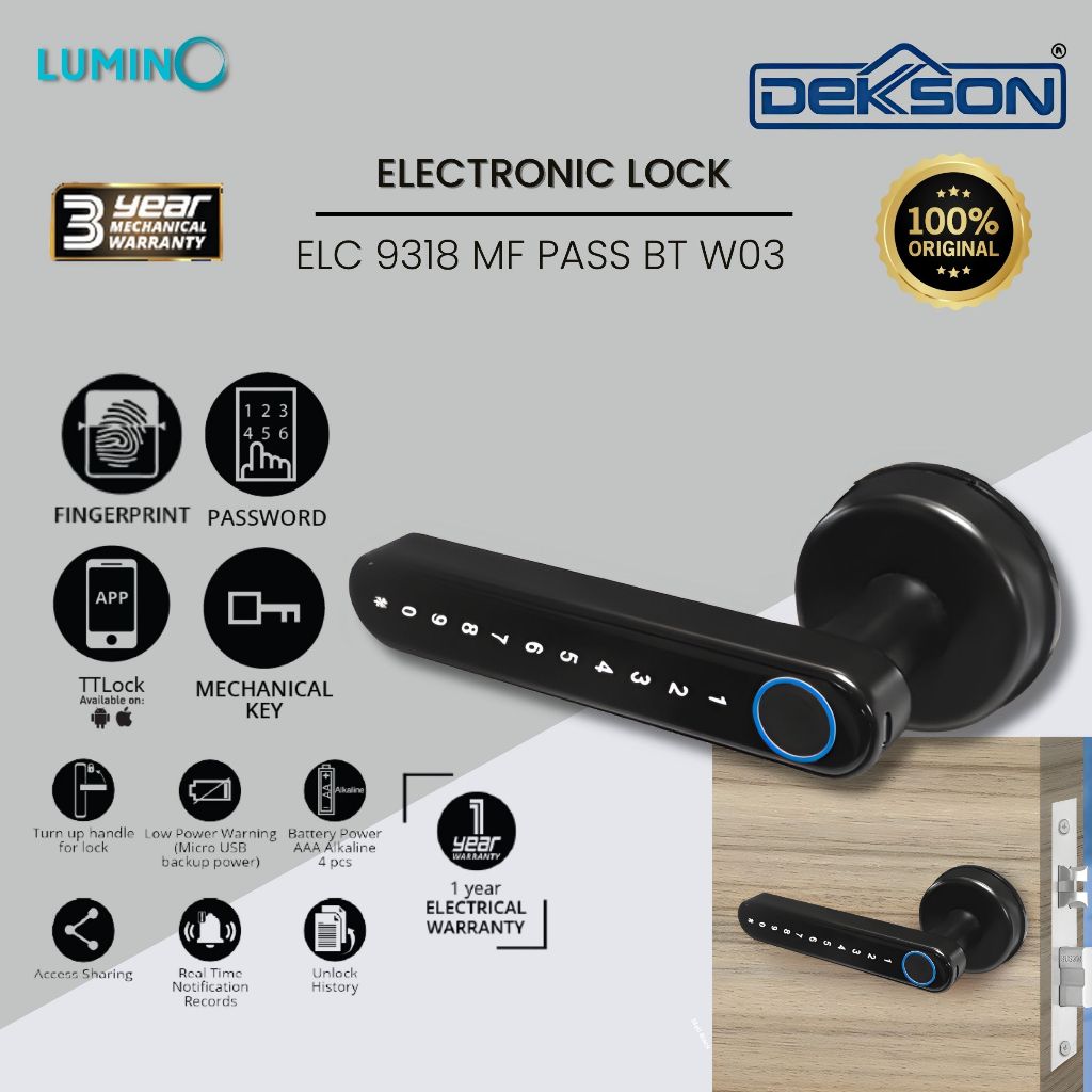 Dekkson - Smart Digital Electronic Lock Pintu Kayu / ELC 9318 MF PASS BT W03