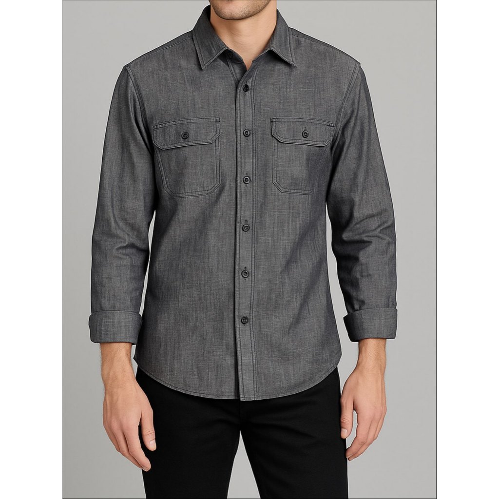 UNIQLO MEN DOUBLE POCKETS COTTON CHAMBRAY DENIM SHIRT - DARK GRAY (L)