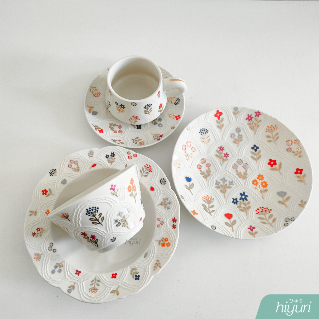 HIYURI Flower Embossed Piring keramik/piring makan/piring bunga/set cangkir/tea pot/piring keramik/p