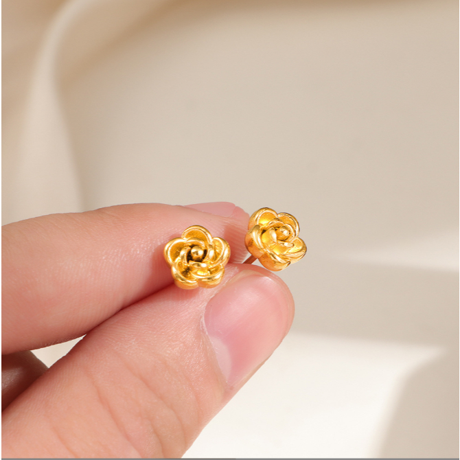 Anting Stud Titanium Anti Karat Wanita | Anting Tusuk Bunga Mawar Emas Korea Style | Anting Stud Tit