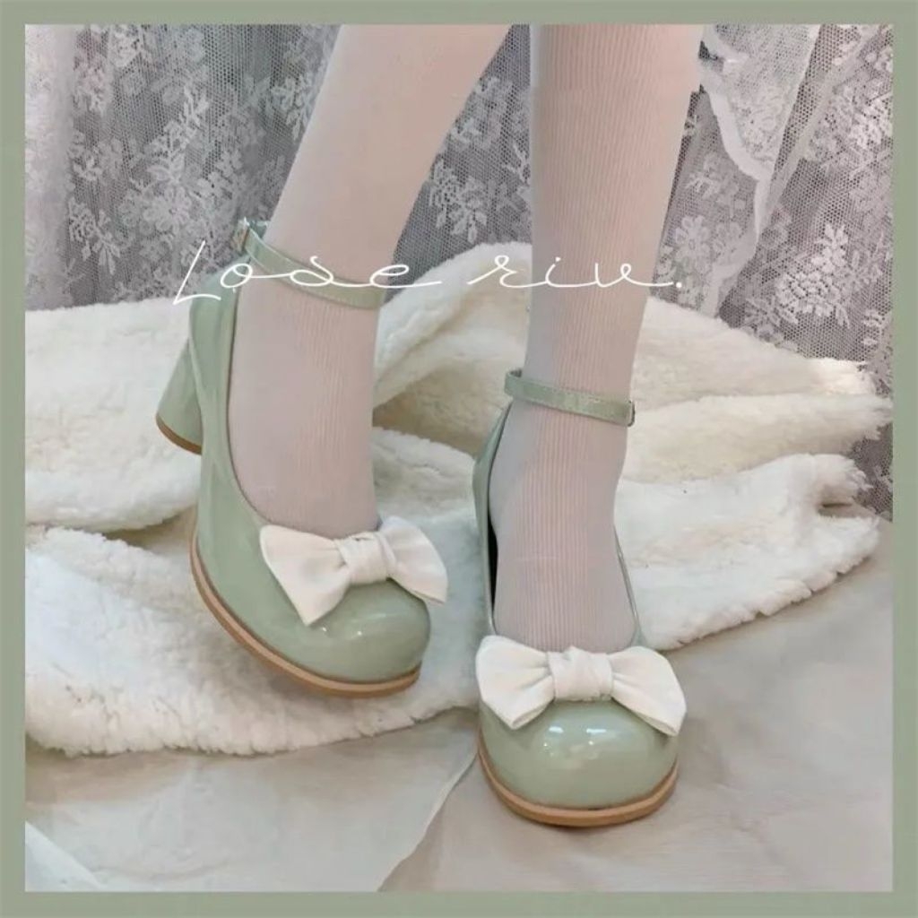 Sepatu Heels Wanita Lolita Heels Kulit Sepatu Heels Marry Janes Round Toe Sepatu Hak Tinggi Wanita