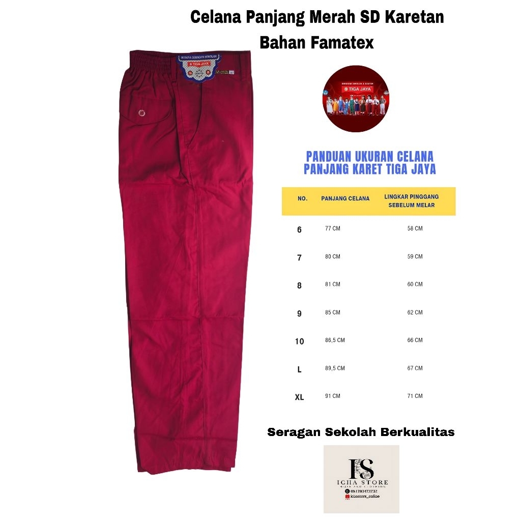 Seragam Sekolah Tiga Jaya Celana Panjang Merah SD Karet Bahan Non Drill