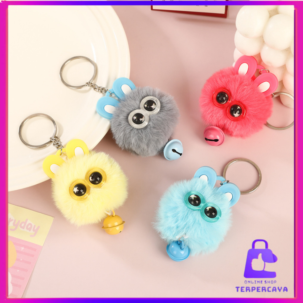 OST  Gantungan Tas Kunci Boneka Bola Bulu Bermata Besar Gantungan Kunci Kelinci Dengan Lonceng Bag C