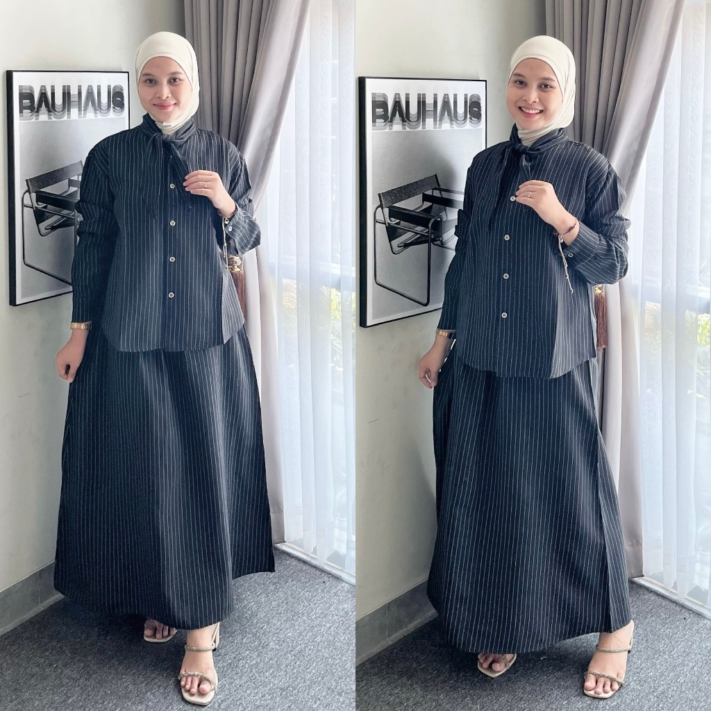 Set Salur Semi Wool ZIELLA - Setelan Rok Mayung Salur Elegan - Oneset Kemeja Salur Simple