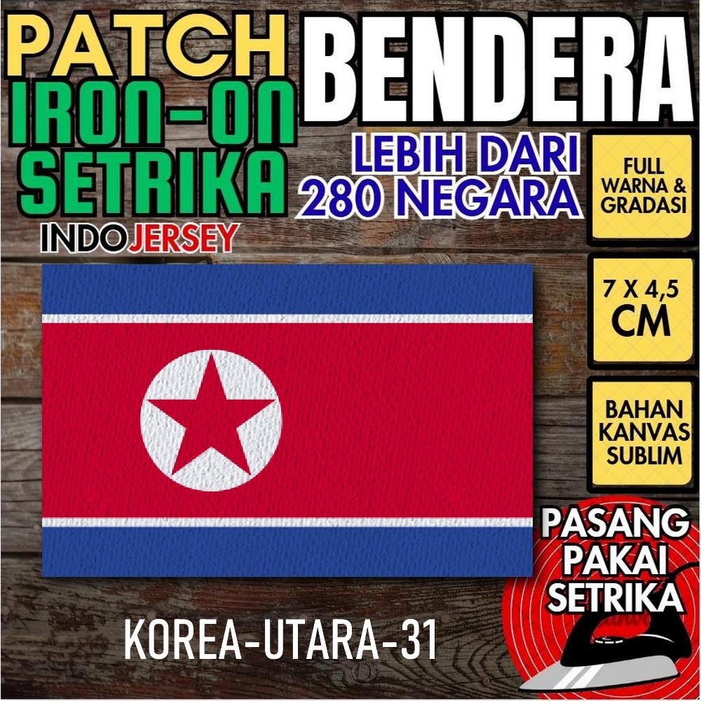 Indojersey Patch Bendera NORTH KOREA UTARA KORUT Iron-On Kanvas Sublimasi Persegi Kotak 7 x 4.5 cm B