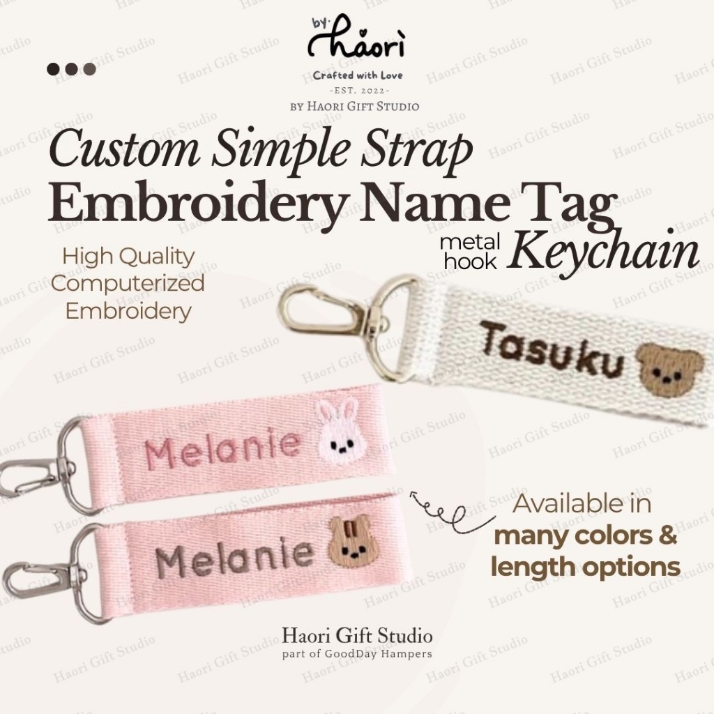 Custom Simple Strap Embroidery Name Tag Keychain Gantungan Kunci Luggage Tag Nama Anak Custom Bordir