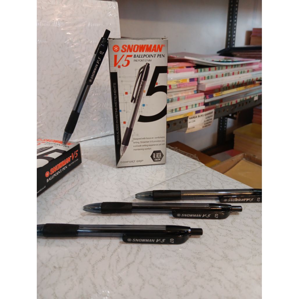 1 Pack Pulpen Snowman V5 Murah Warna Hitam Bagus Buat Tulisan