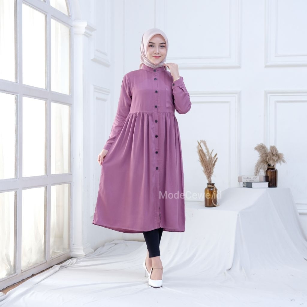Ashila Tunik Rayon Twill Premium | Long Tunik Jumbo Busui Full Kancing LD hingga 120 cm