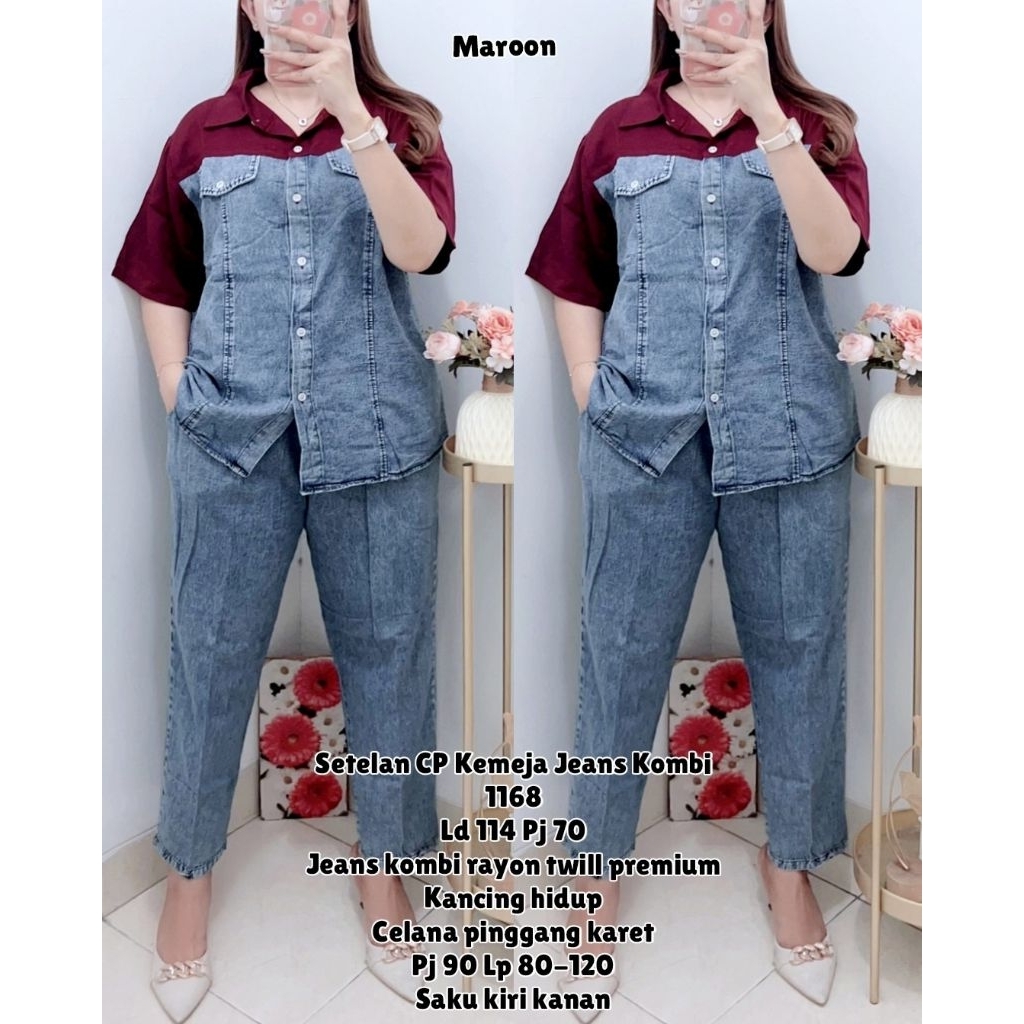 GLOW 1168 STELAN CP KEMEJA JEANS LD 114CM IMPORT / SET JEANS JUMBO WANITA / READY / REALPICT