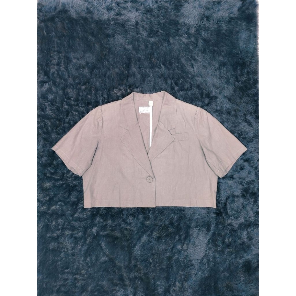 YY GIRLS Women Khaki Grey Linen Short Sleeve Daily Crop Blazer/ Crop Outer/ Jas Daily Wanita Linen M