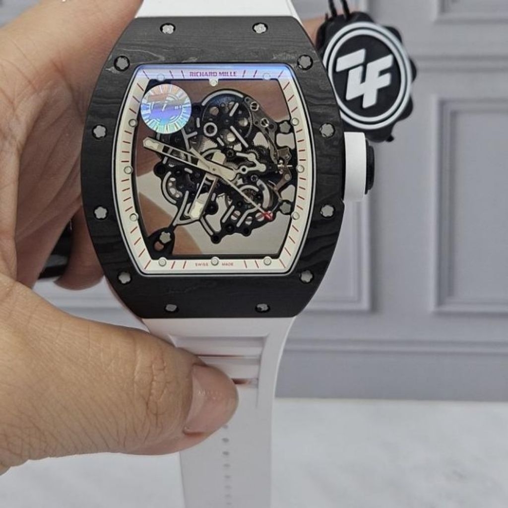 JAM TANGAN MEWAH PRIA RM 55 CARBON CASE SOFT RUBBER STRAP MANUAL WINDING BY ZF FACTORY JAM TANGAN RM