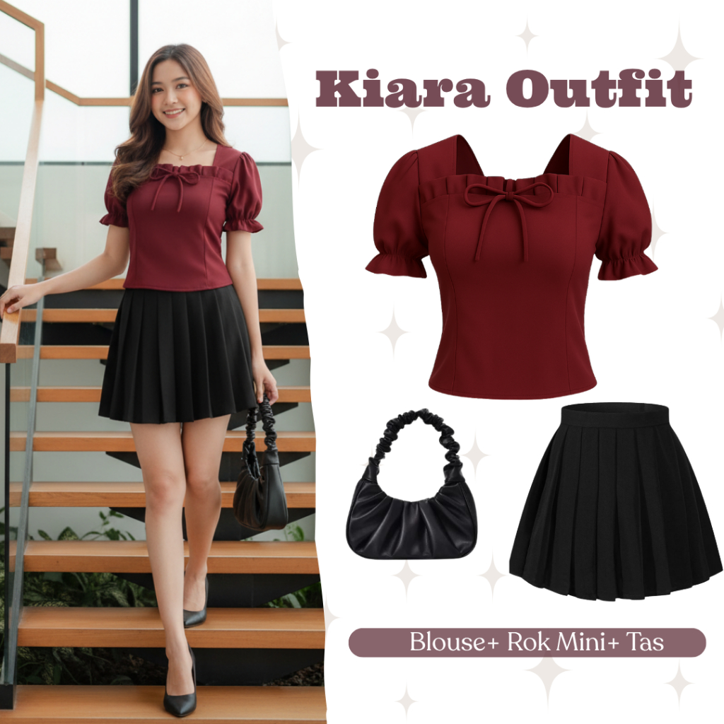 Kiara Outfit | OOTD set Blouse + Rok Pendek / Mini  Tas | Setelan Wanita Kekinian | Outfit  Set BW60