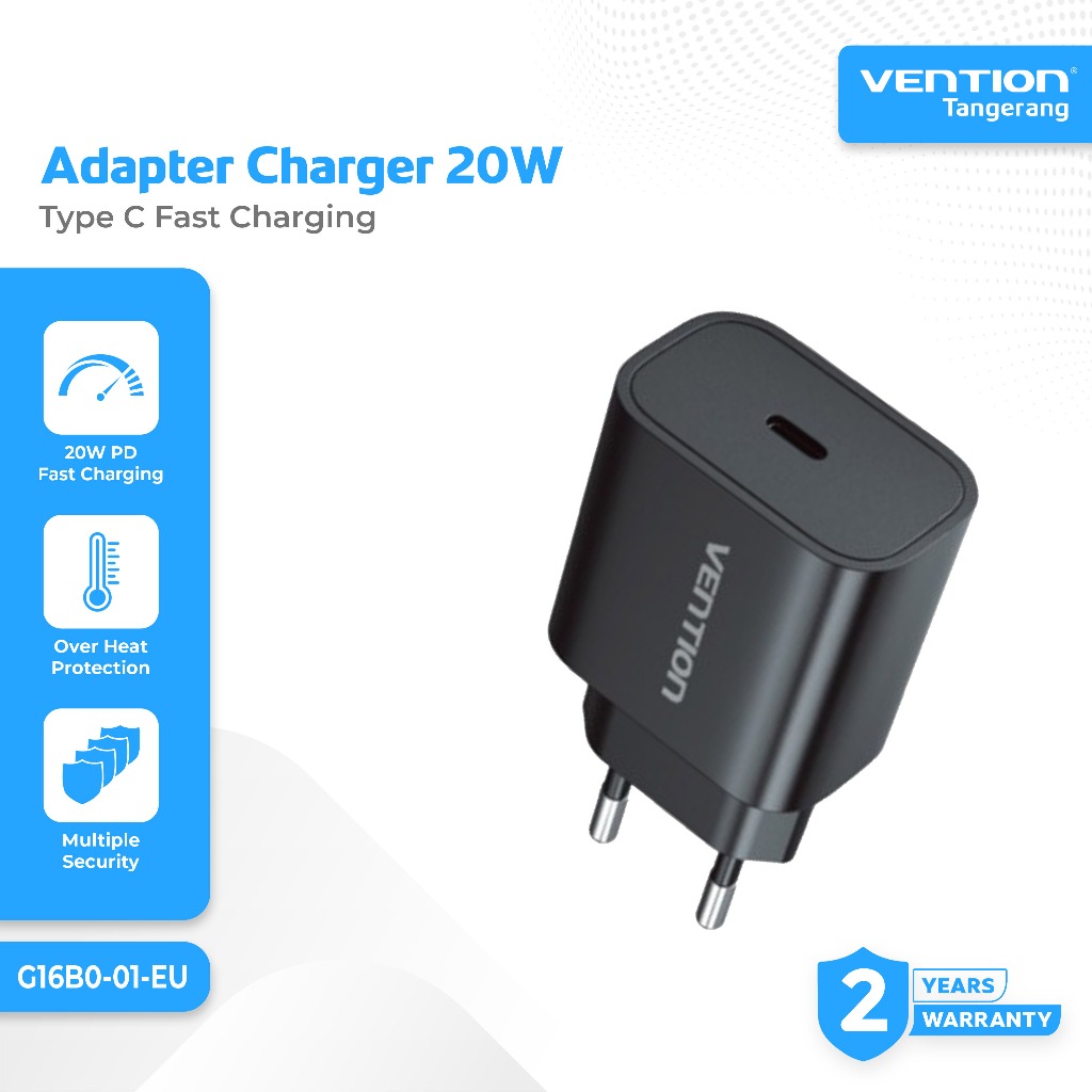 Vention Adapter Charger 20W PD Fast Charging Type C Kepala Charger Type C Black - G16B0-01-EU