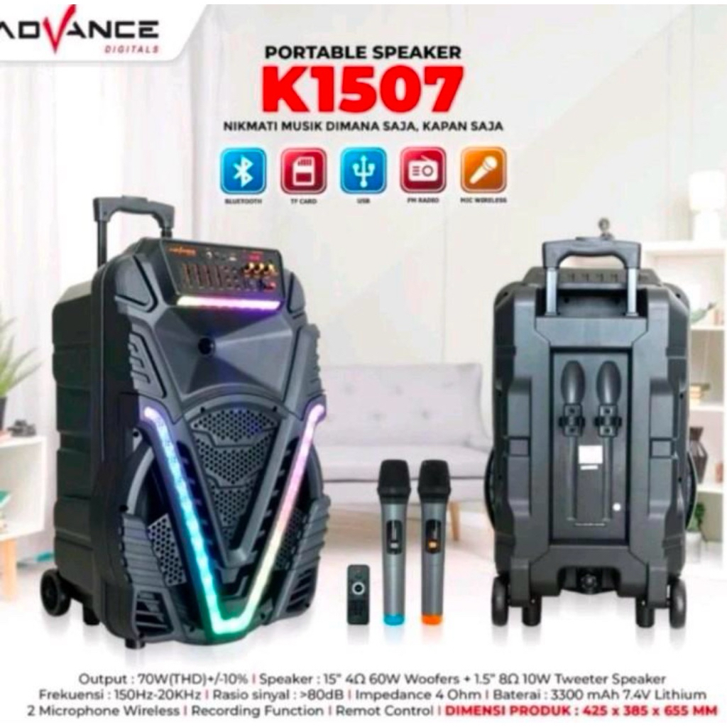 SPEAKER ADVANCE 1507 FREE 2 MIC WIRELESS - SPEKER PORTABLE - SPEAKER BLUETOOTH - WIRELESS PORTABLE -