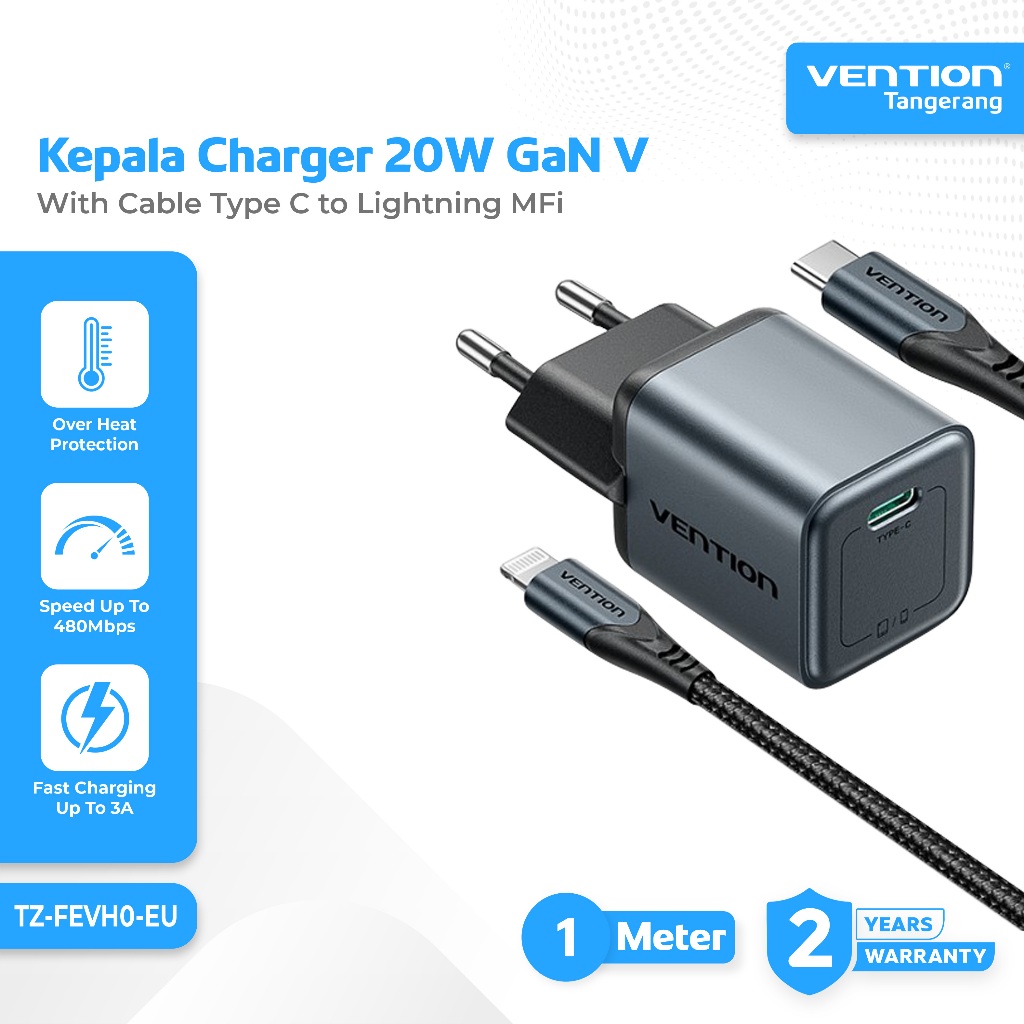 Vention Adapter Kepala Charger Type C 20W PD Fast Charging GaN Technology with Kabel Type C to Light