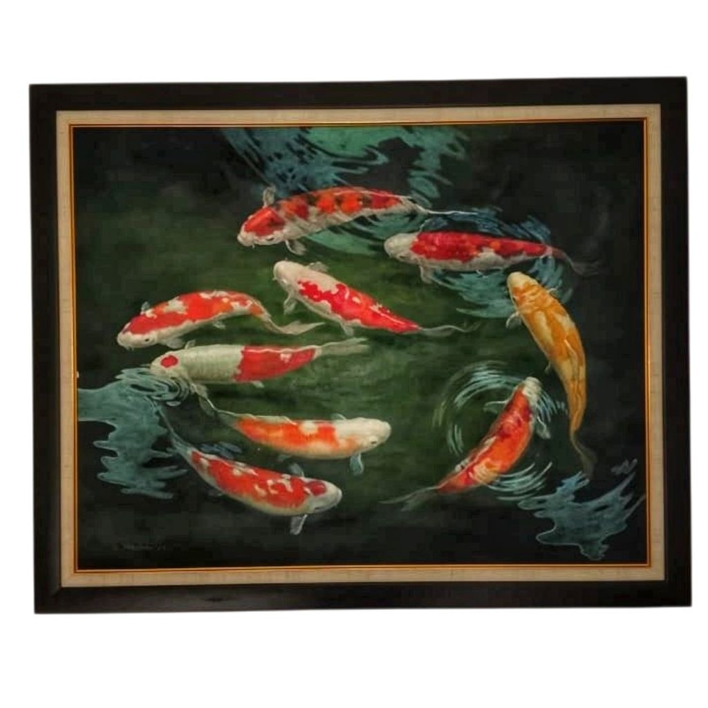 Lukisan Asli 9 Ikan Koi Melingkar