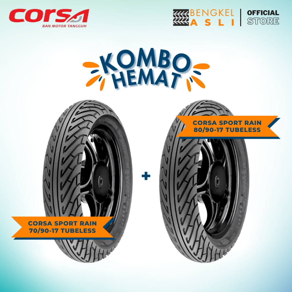 (KOMBO HEMAT 2 BAN TUBELESS) Ban Motor CORSA SPORT RAIN Ring 17 70/90-17 + Ban Motor CORSA SPORT RAI