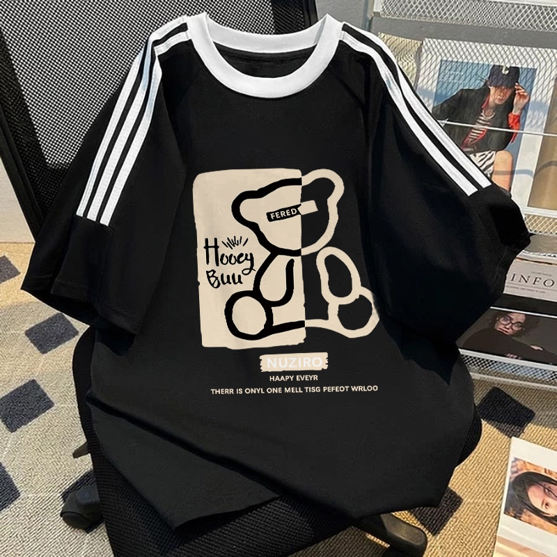 Marlacoeur Kaos Pria Beruang Garis / Kaos Pria Dicetak Tiga Garis Kaos Lengan Pendek Pria Lengan Pen