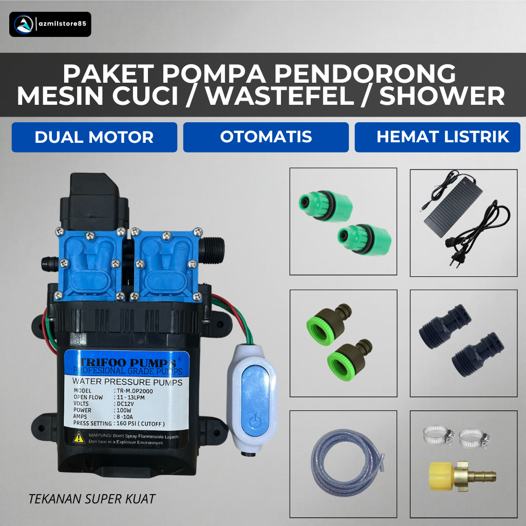 Paket Pompa Pendorong Air Dual Motor Otomatis TRIFOO 160PSI 12V 10A untuk Mesin Cuci / Wastafel / Sh