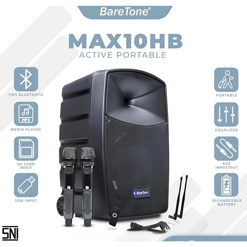 Speaker Aktif Portable Baretone 10 Inch MAX10HB 300W/Speaker Karaoke Bluetooth Baretone 10" MAX 10 H