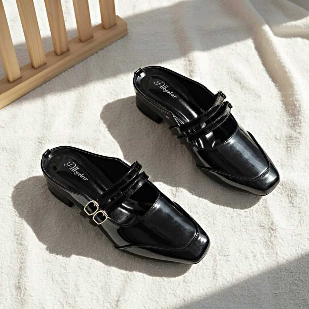 Sandal Hak Wanita Slip On Kotak Tali Gesper Hak Rendah Pesta Kondangan