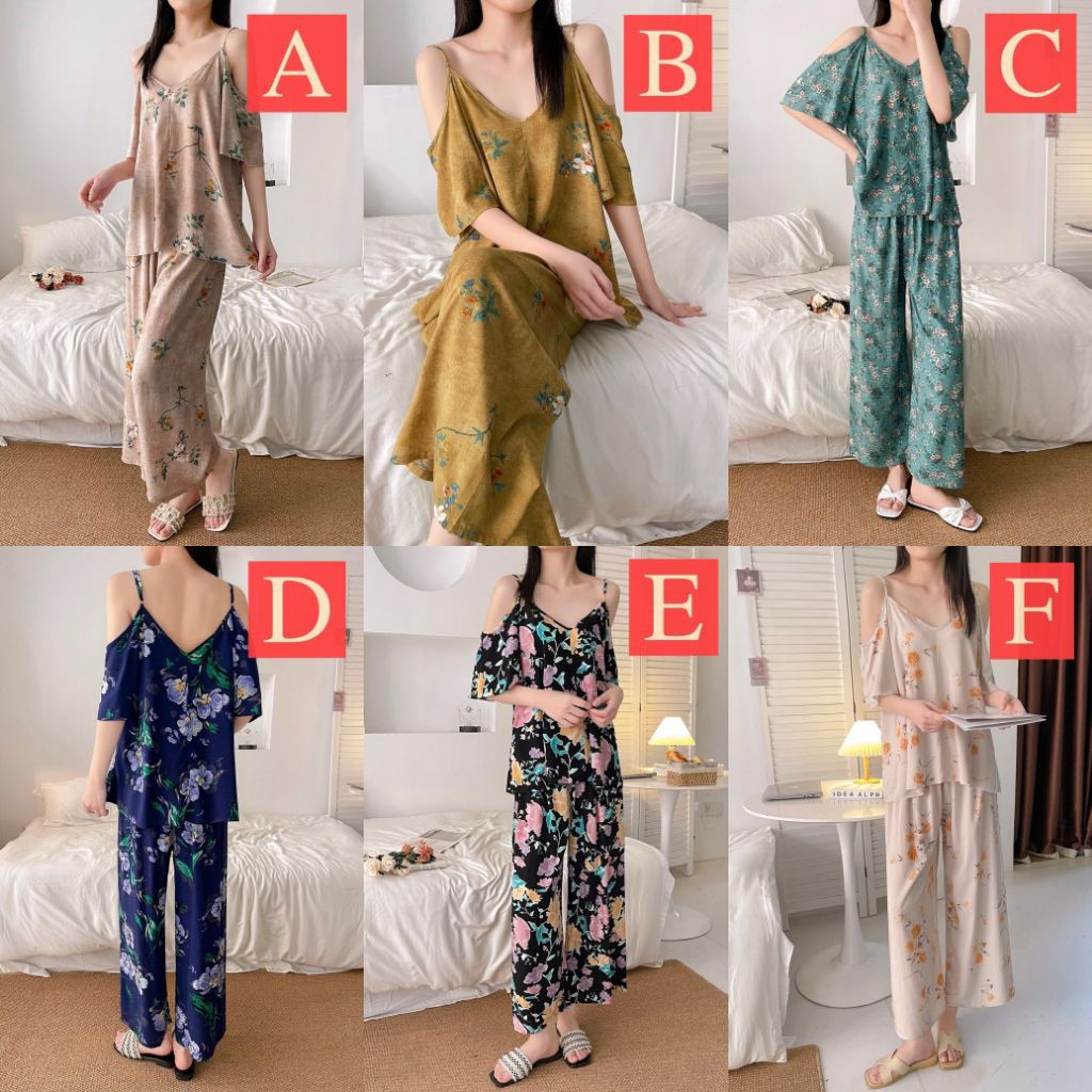 [ OFF SHOULDER LONG 2569 ] Homewear wanita celana  panjang  set baju  tidur bahan adem setelan baju 